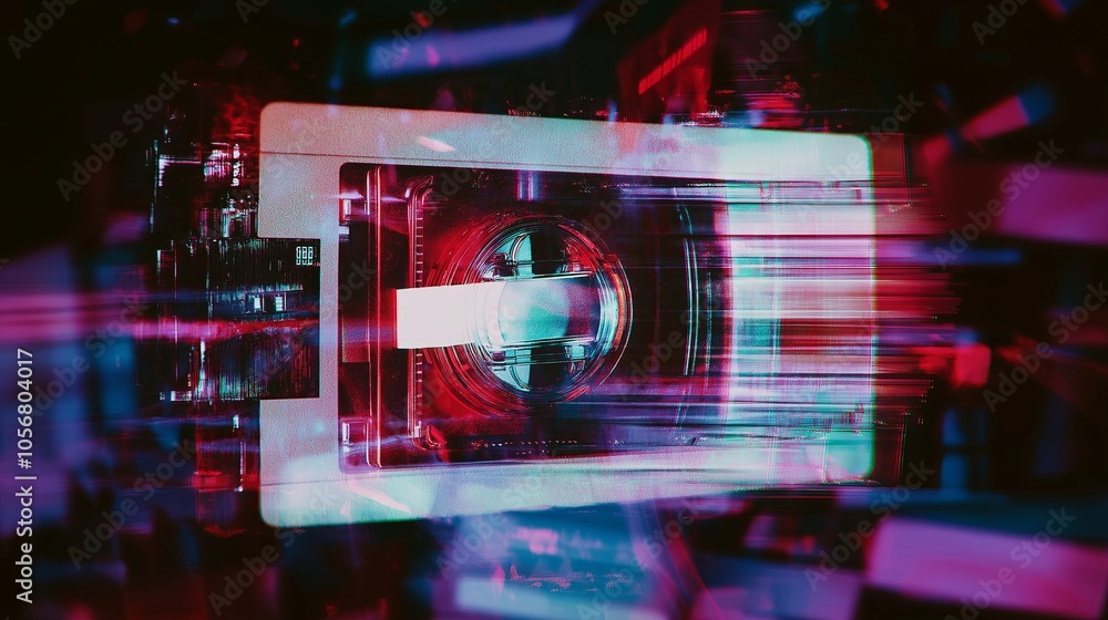 Poster a glitchy, distorted effect simulating a retro vhs tape on pause, with static and digital noise