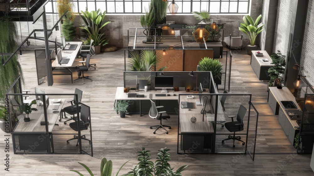 Poster A flexible workspace with open spaces and movable partitions for customizable layouts
