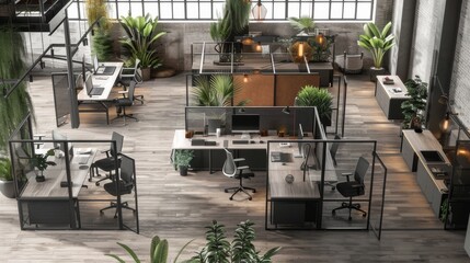 A flexible workspace with open spaces and movable partitions for customizable layouts