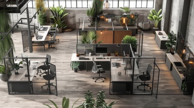 A flexible workspace with open spaces and movable partitions for customizable layouts
