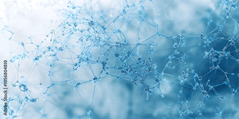 Poster abstract network connection: blue nodes and lines forming a complex web, representing data flow, glo