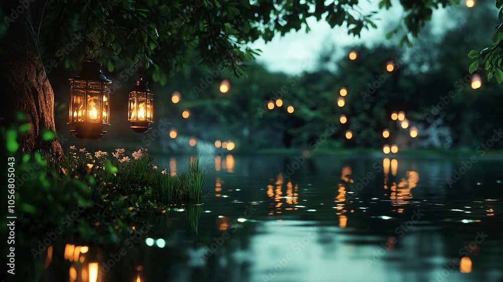 Poster a fantasy scene with lanterns floating above a lake, illuminating a magical landscape