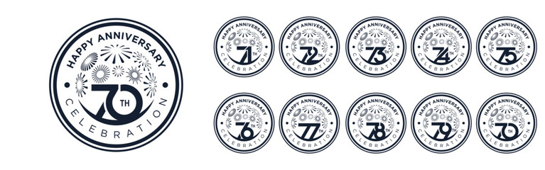 set of 70 to 79th anniversary logotype design, with black color fireworks for celebration event, wedding, and birthday, vector illustration