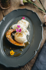 Vanilla ice cream with caramelized pumpkin