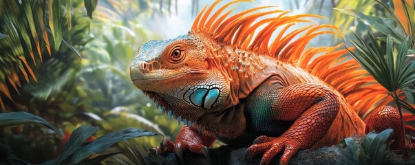 Fototapeta premium Vibrant Orange Iguana in Lush Tropical Rainforest Setting, Exotic Reptile with Striking Scales, Cold-Blooded Creature in Jungle Paradise