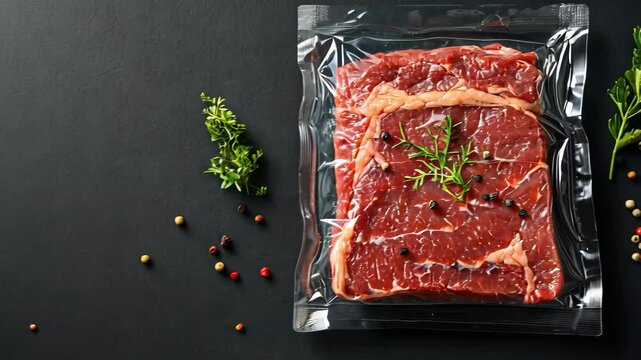 Freezer beefsteak in packaging on black background. Raw beef steak vacuum sealed bag for sell. Beef rib eye steak plastic pack. top view. Video