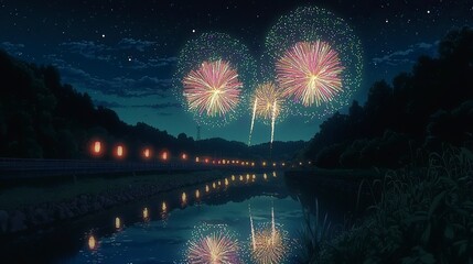 Fototapeta premium An anime-style scene of a summer night sky filled with spectacular, breathtaking fireworks in vibrant colors like pink, blue, and gold. generative ai