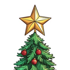 Cartoon Christmas star on top of a tree on a white background.