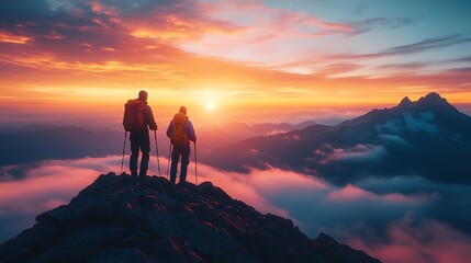 Fototapeta premium Dramatic and powerful shot of two hikers in mountain
