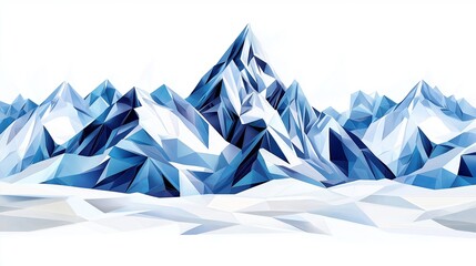 A digital low-poly rendering of a mountain range in shades of gray and blue for a unique, angular look
