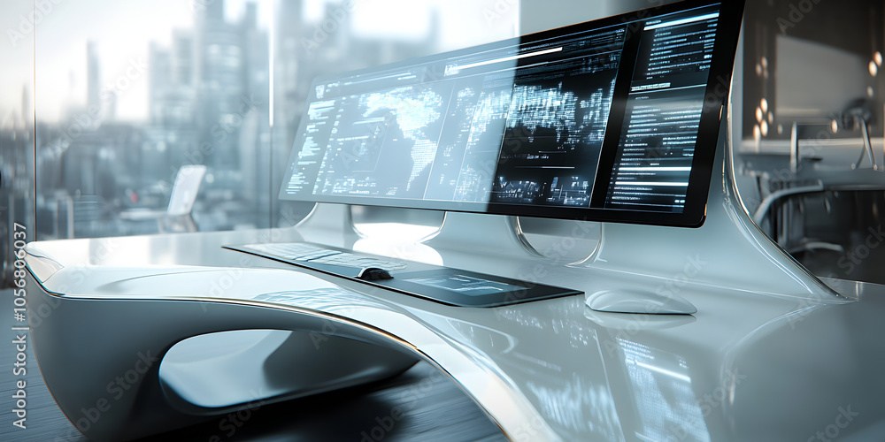 Poster futuristic office workspace: sleek, modern desk with large monitors displaying data and a cityscape 