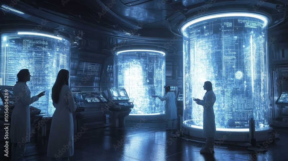 Poster scientists examining data on futuristic screens in a high-tech lab