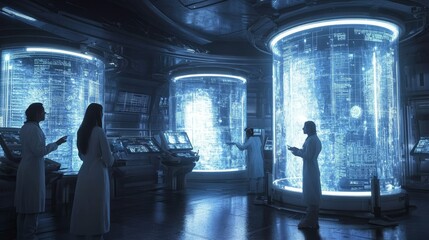 Scientists Examining Data on Futuristic Screens in a High-Tech Lab