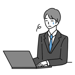 Illustration of a young businessman in the mood to cry over his laptop.