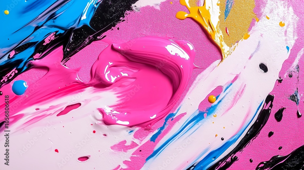 Poster A colorful paint splatter background with energetic strokes and textures on a canvas surface.