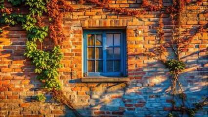 Sunlight Illuminates a Brick Wall With a Blue Window and Vines Growing Up the Side
