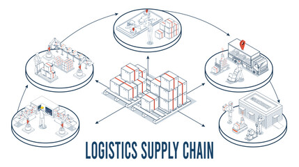 Supply chain logistics manages the flow of goods through fleet operations, warehousing, and inventory across the entire supply chain. Vector illustration eps10