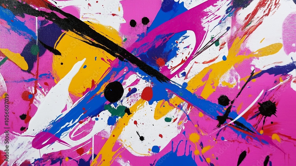 Poster a colorful paint splatter background with energetic strokes and textures on a canvas surface.