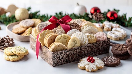 A vibrant display of holiday cookies arranged in a decorative box, with a festive ribbon on top and seasonal decorations in the background, all brought to life through crisp imagery and rich colors,