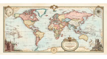 An old-style world map with faded colors, decorative cartography details, and vintage texture. 
