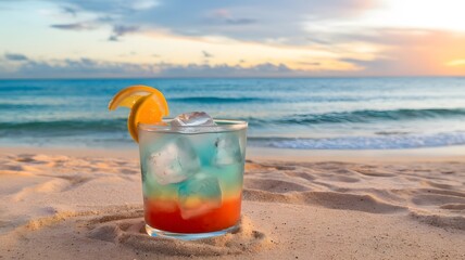 a colorful cocktail with ice cubes and a citrus garnish.
