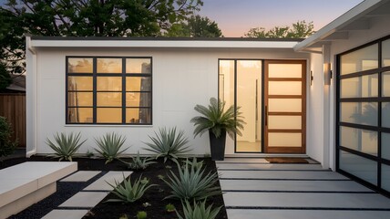 Fototapeta premium a contemporary suburban house with a minimalist garden and a sleek entryway.