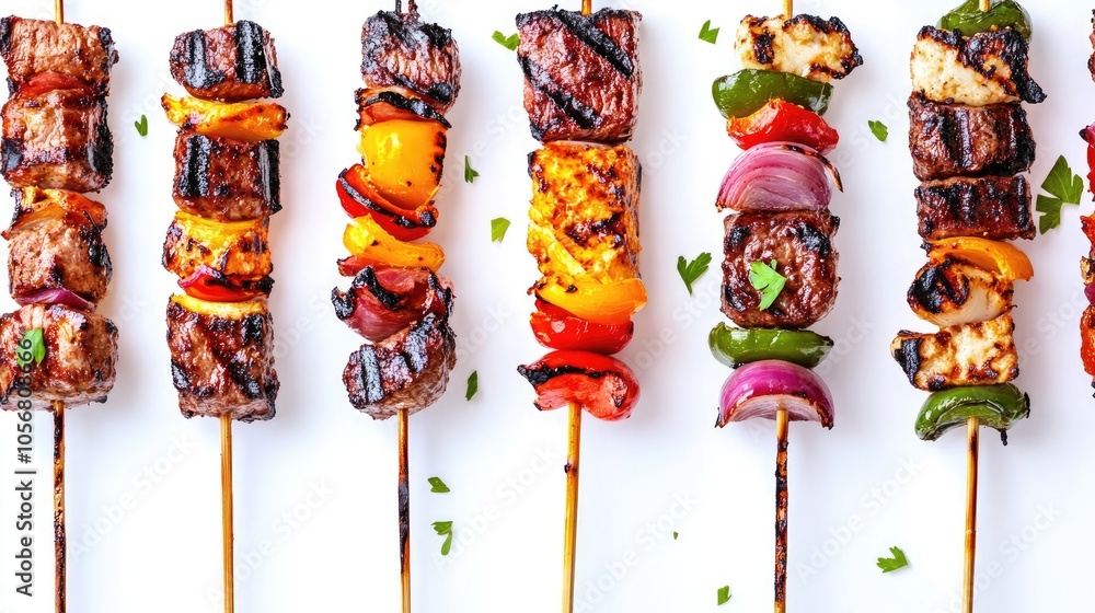 Poster grilled kebabs with colorful vegetables on skewers under sunlight generative ai