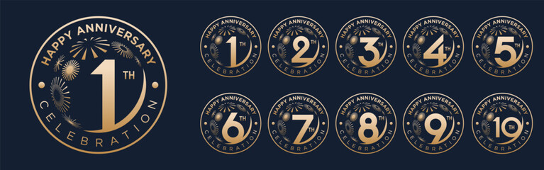 set of 1 to 10th anniversary logotype design, with golden fireworks for celebration event, wedding, and birthday, vector illustration