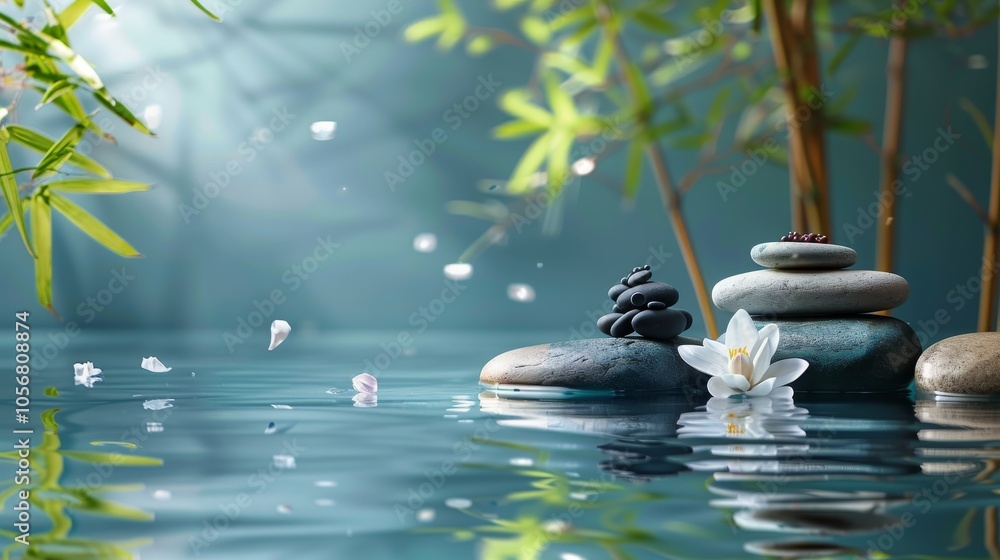Poster a serene scene of a body of water with a few rocks and a flower. the water is calm and the rocks are