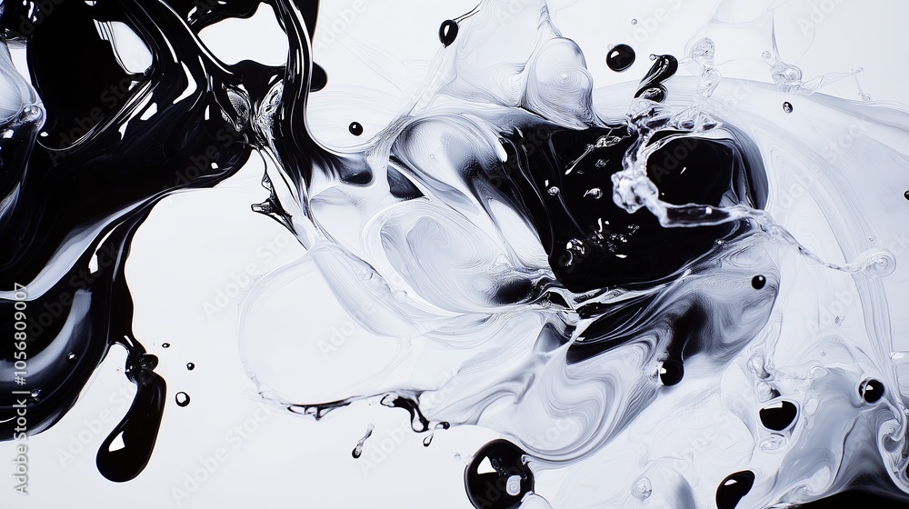 Poster a close-up view of ink and water creating beautiful, organic shapes in black and white.
