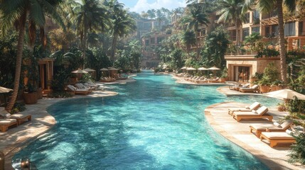 Obraz premium Serene tropical resort with a winding pool and lush surroundings.