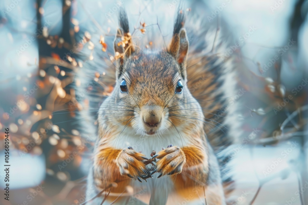 Poster a squirrel is eating something from a tree. the squirrel is brown and white. the tree is bare and ha