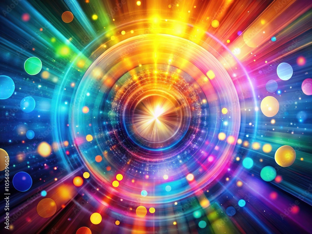 Poster vibrant circular pattern with dots and rays of color - long exposure abstract art for backgrounds an
