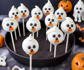 Obraz premium Homemade halloween ghost cake pops ready for a holyday party.