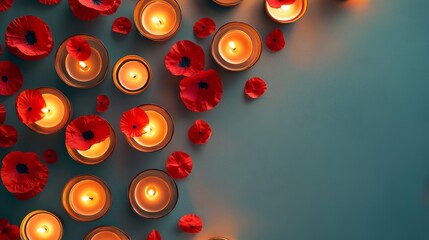 Aerial composition of lit candles and poppy pins on a plain backdrop.