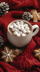 Fototapeta premium A warm cup of hot chocolate topped with marshmallows rests on a knit blanket. Generative AI.