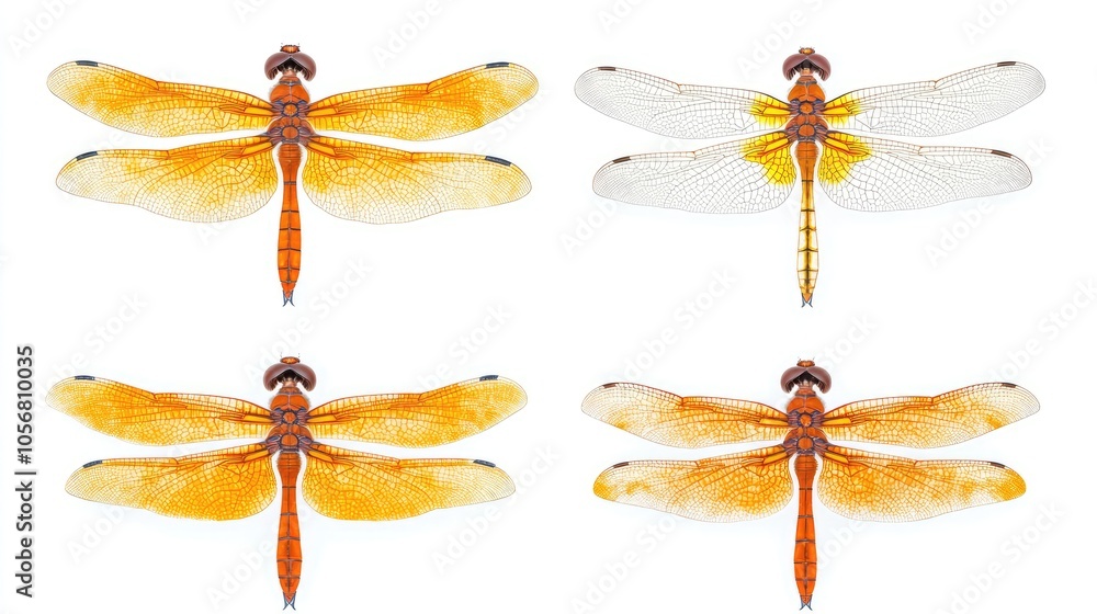 Poster Four Vibrant Dragonflies Displaying Intricate Wing Patterns and Colors Generative AI
