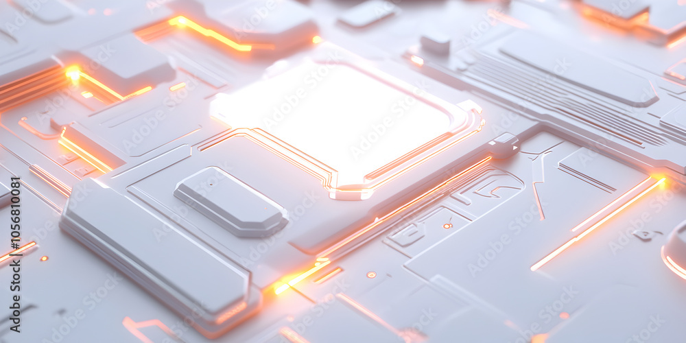 Poster futuristic circuit board: abstract glowing orange lines on a white 3d rendered circuit board. high-t
