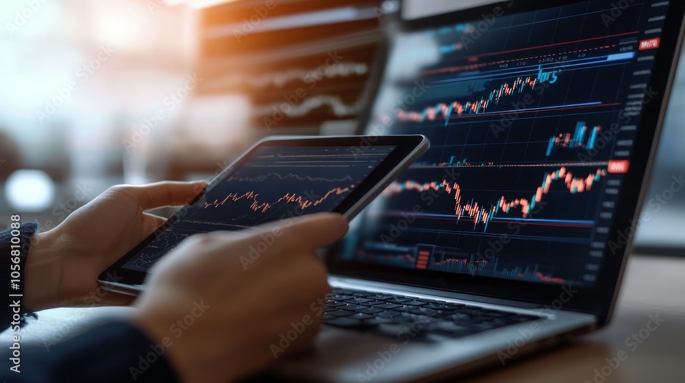 Poster a person's hands hold a tablet with a stock market chart displayed on the screen while a laptop with