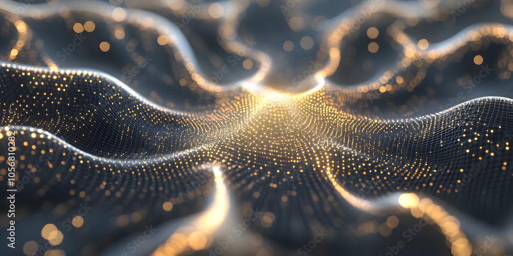 Poster golden data stream: abstract digital landscape of glowing particles forming a wave-like pattern, sym