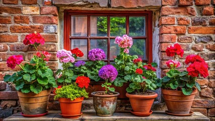 A row of terracotta pots filled with vibrant blooms, showcasing nature's beauty against a backdrop of weathered brickwork and a window offering a glimpse of a lush green garden.