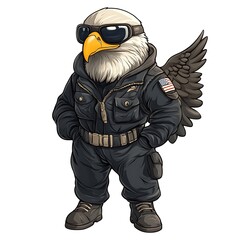 Cartoon eagle in a fighter pilot suit on a white background.