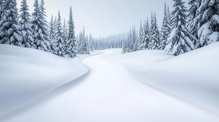 Snow-covered road winding through a mountain forest in winter