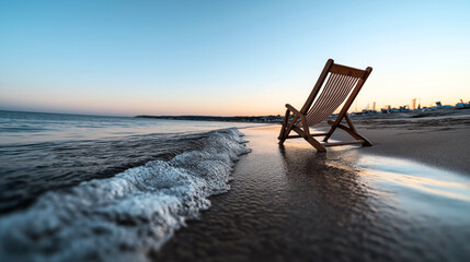 Wooden beach chair near ocean waves on sandy shore during sunset with clear sky and gentle waves