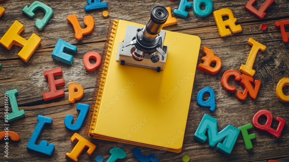 Poster A small microscope sits on top of a yellow notebook surrounded by colorful alphabet blocks.