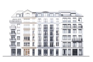 Building under construction 3D model with a construction crane on a white background. 3d rendering.