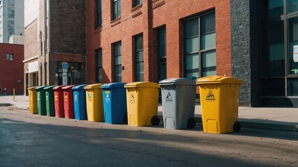 A long row of trash cans are neatly lined up on the side of the road