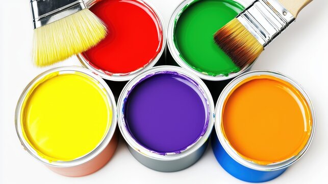 Assorted paint cans and brushes on white surface, vibrant color scheme, art supplies for painting and DIY concepts