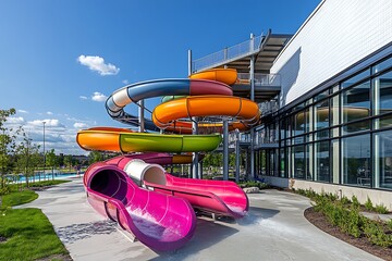  illustration of colored plastic water slides with pool in outdoor aqua park. Isolated, front view