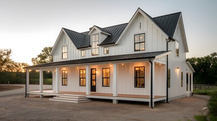 a modern farmhouse with white walls and black window frames.